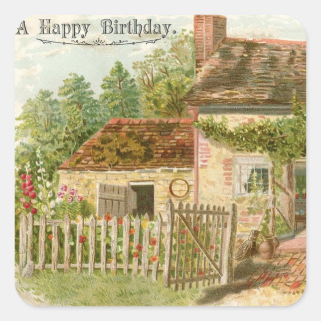 Adesivo Quadrado Vintage Happy Birthday Cottage Sticker (Frente)