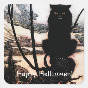 Adesivo Quadrado Vintage Happy Halloween Spooky Cat Arthur Rackham
