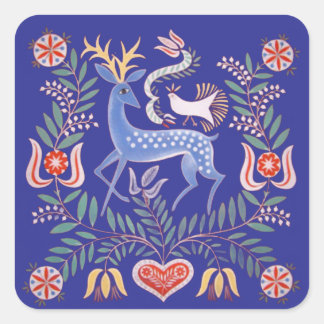 Adesivo Quadrado vintage Hungarian Folk Art Deer and Flowers