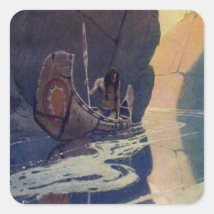 Adesivo Quadrado Vintage Indian Canoe remando Sun Classic