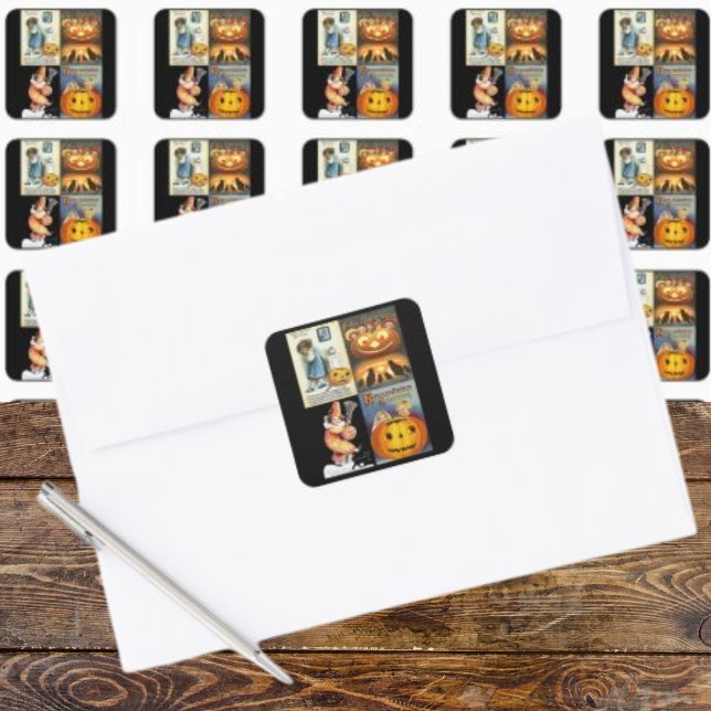 Adesivo Quadrado Vintage Jack o'Lanterna com Crianças Montagem (Vintage Jack o'Lantern with Kids Montage Square Sticker)