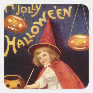 Adesivo Quadrado Vintage Jolly Halloween Bruxa por Ellen Clapsaddle