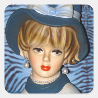 Adesivo Quadrado Vintage Lady Head Vase Blue Balde Hat 1960