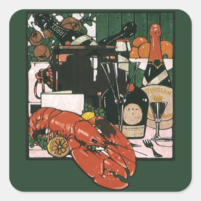 Adesivo Quadrado Vintage Lobster Champagne; Partido Elegante Rico (Frente)