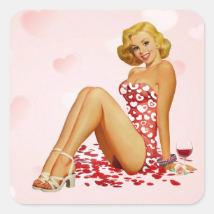 Adesivo Quadrado Vintage loira em vestido vermelho com    coração