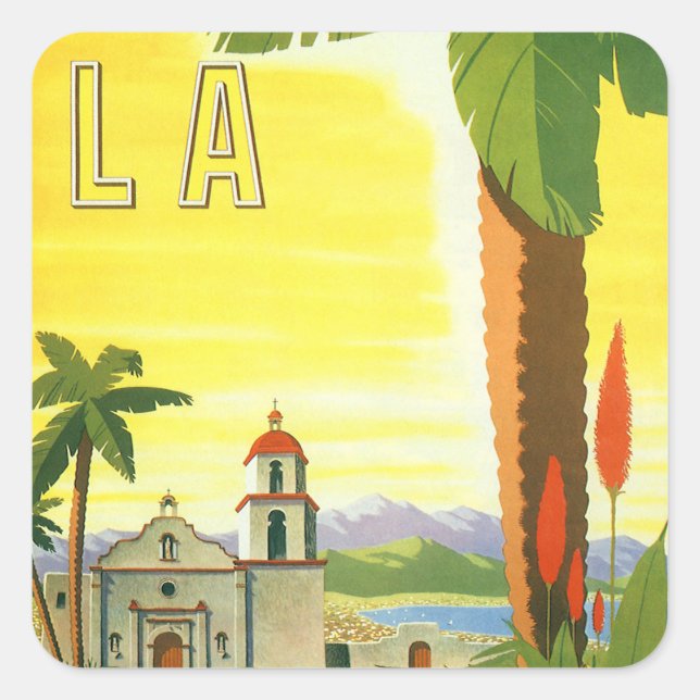 Adesivo Quadrado Vintage Los Angeles, Missão da Califórnia com Palm (Frente)