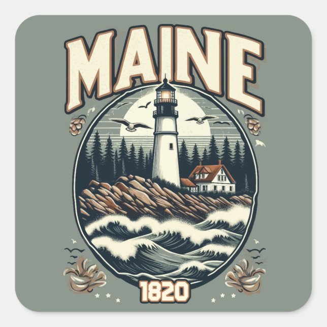 Adesivo Quadrado Vintage Maine Lighthouse (Frente)