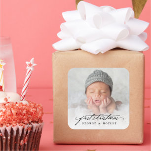 Adesivo Quadrado Vintage Manuscrito Foto de Natal de Bebê de 1 rua