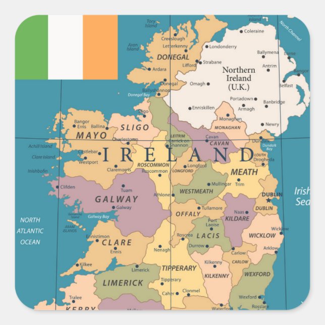 Adesivo Quadrado Vintage Map of Ireland (Frente)