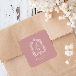 Adesivo Quadrado Vintage Monogram Crest Names Dusty Rose Wedding