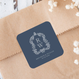 Adesivo Quadrado Vintage Monograma Crest Names Marinho Casamento Az