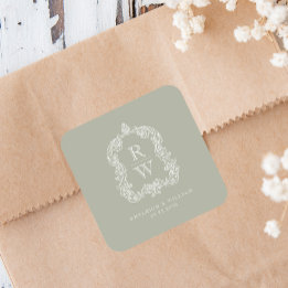 Adesivo Quadrado Vintage Monograma Crest Names Sage Green Wedes