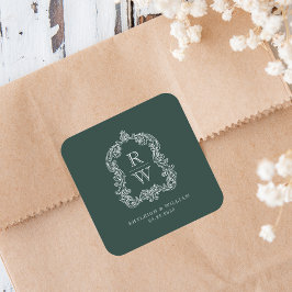 Adesivo Quadrado Vintage Monograma Crest Nomes Floresta Casamento V