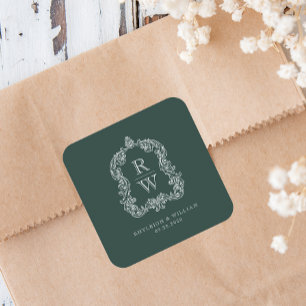 Adesivo Quadrado Vintage Monograma Crest Nomes Floresta Casamento V