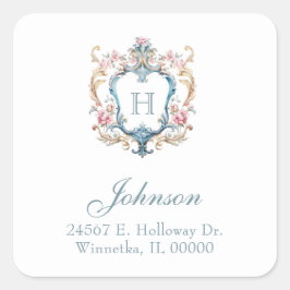 Adesivo Quadrado Vintage Monogramas Floral Crest Return Endereço