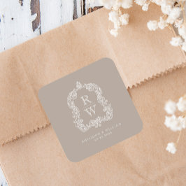 Adesivo Quadrado Vintage Monographic Crest Names Taupe Casamento
