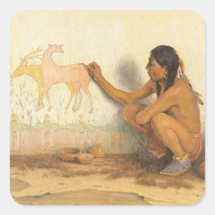Adesivo Quadrado Vintage Nativo Americano, Artista Indiano por Cous