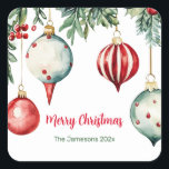 Adesivo Quadrado Vintage Ornaments Felry Christmas<br><div class="desc">Enfeites de natal adoráveis pendem com bagas de inverno e verde de férias que seus amigos e parentes vão gostar quando você enviar a eles seus cartões de natal e presentes que carregam esses adesivos. Eles são de um design de aquarela fino. Feliz Natal. Certifique-se de que você muda o...</div>