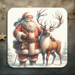 Adesivo Quadrado Vintage Papais noeis e Reindeer Nostalgs Christmas<br><div class="desc">Vintage antigo Papai Noel e Reindeer parados lá fora na neve do inverno.</div>
