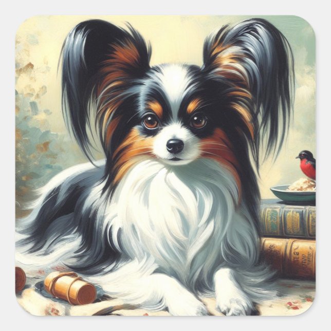 Adesivo Quadrado Vintage Papillon Dog Painting (Frente)