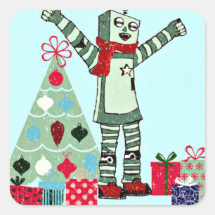 Adesivo Quadrado Vintage Pastel Holiday Robot Boy, Tree & Gifts