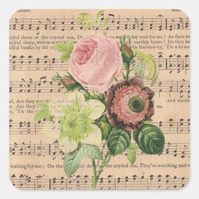 Adesivo Quadrado Vintage Peonies & Sheet Music (Frente)