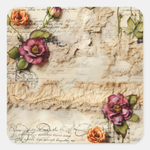 Adesivo Quadrado Vintage - Pergaminho - Carta de Amor com Flores (8