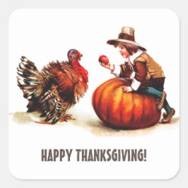 Adesivo Quadrado Vintage Pilgrim Kid & Turkey Ação de Graças
