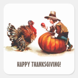 Adesivo Quadrado Vintage Pilgrim Kid & Turkey Ação de Graças