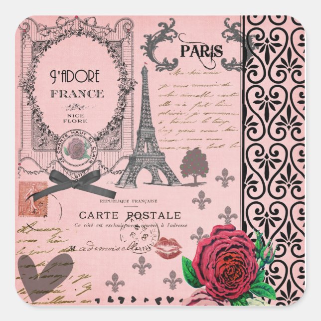 Adesivo Quadrado Vintage Pink Paris Collage (Frente)