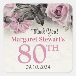 Adesivo Quadrado Vintage Pink Roses 80 Aniversário Favor