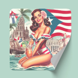 Adesivo Quadrado Vintage Porto Rico Pin-Up