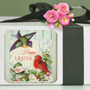 Adesivo Quadrado Vintage Primavera Birds Floral Páscoa Sticker