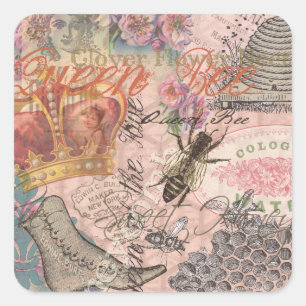 Adesivo Quadrado Vintage Queen Bee Linda Colagem de Meninas