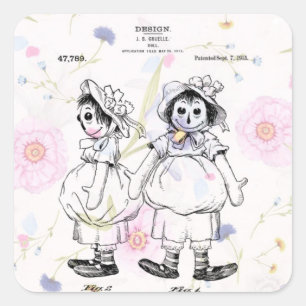 Adesivo Quadrado Vintage Raggedy Ann Doll de 1915 Patent Impressão