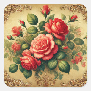 Adesivo Quadrado Vintage Red RoseFloral Elegante Dourado