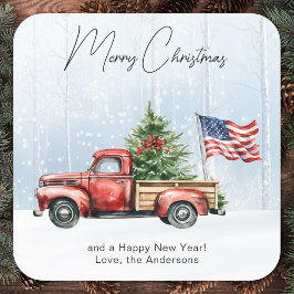 Adesivo Quadrado Vintage Red Truck EUA Bandeira Natal Patriótico
