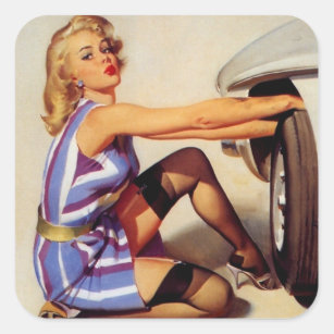 Adesivo Quadrado Vintage Retro Car Mechanical Pinup Girl