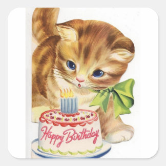 Adesivo Quadrado Vintage Retro Cat Kitten Aniversário Bake Saudação