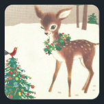 Adesivo Quadrado Vintage Retro Christmas Deer Com Pássaro<br><div class="desc">Vintage Retro Vedante De Natal Com Pau Quadrado.</div>