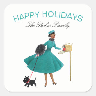 Adesivo Quadrado Vintage Retro Christmas Woman com Scotty Dog