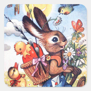 Adesivo Quadrado Vintage retro Coelhinho de Páscoa