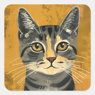 Adesivo Quadrado Vintage Retro Minimalist Tabby Cat Portrait