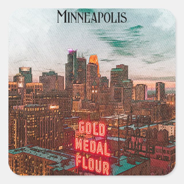 Adesivo Quadrado Vintage Retro Minneapolis Minnesota Viagem Skyline (Frente)