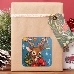 Adesivo Quadrado Vintage retro renas de Natal