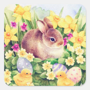 Adesivo Quadrado Vintage retro vinheta de coelho de Páscoa
