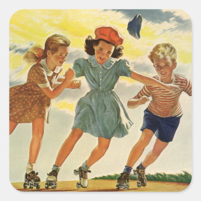 Adesivo Quadrado Vintage Roller Patinando crianças divertidas Menin (Frente)