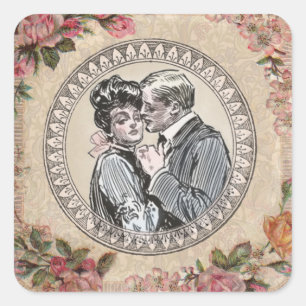 Adesivo Quadrado Vintage Romance Casal: Antigos Rosas Apaixonados G