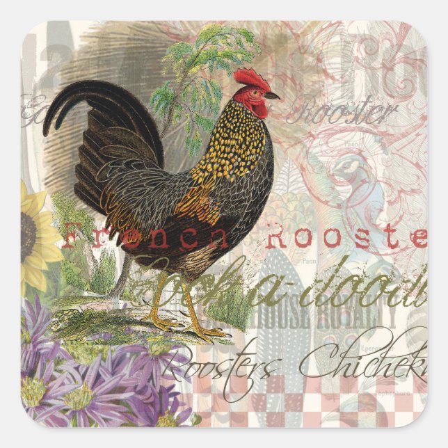Adesivo Quadrado Vintage Rooster French Collage Pet Fazenda (Frente)