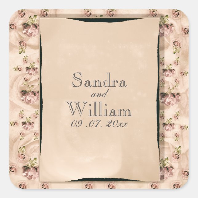 Adesivo Quadrado Vintage Rosa Wedding Convite (Frente)